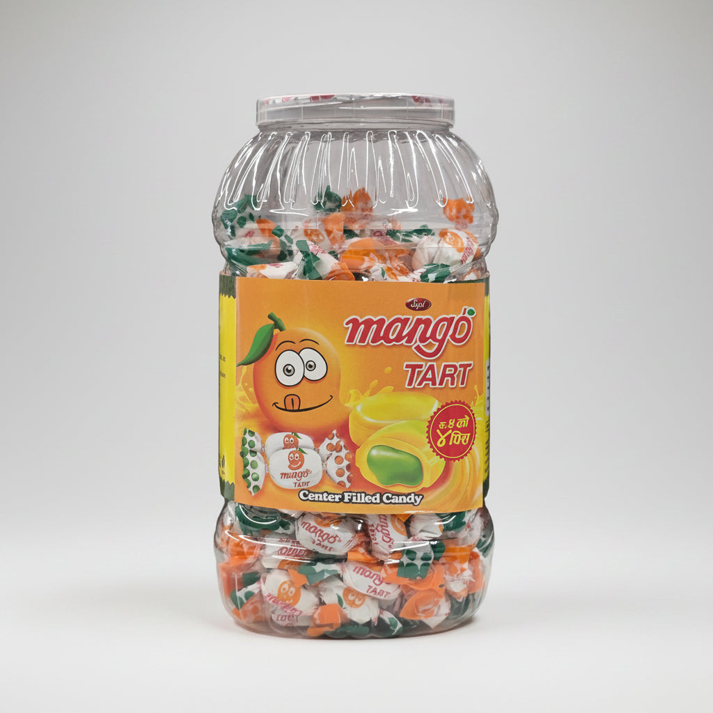 A large clear plastic jar filled with assorted wrapped candies, featuring a bright orange label that reads 'mango TART' with a cartoon mango character. The jar is centered on a plain white background.