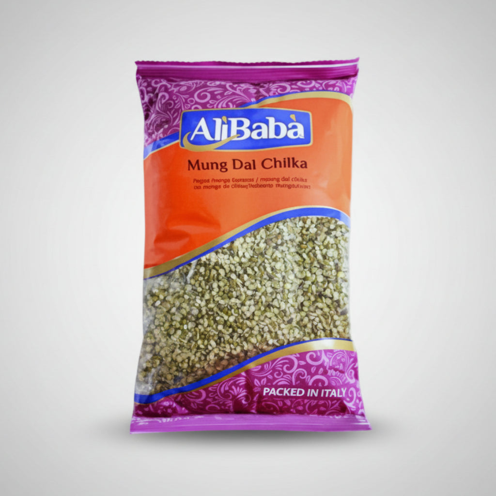 A 2kg package of Mung Dal Chilka by Alibaba, predominantly orange and purple in color with a clear view of the mung beans.