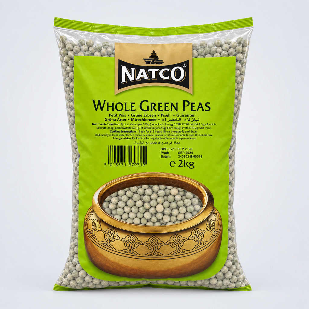 Bag of Natco whole green peas with a blurred store background