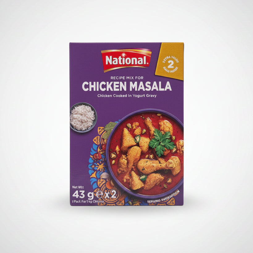 Box of National Chicken Masala mix on a shelf with a blurred background