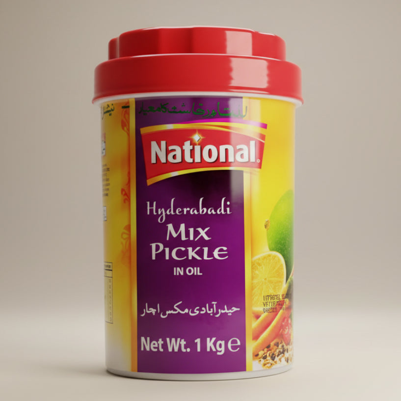 Container of National Hyderabadi Mix Pickle in Oil on a white background
