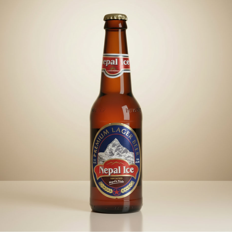 Nepal Ice beer bottle with a mountain logo on a white background
