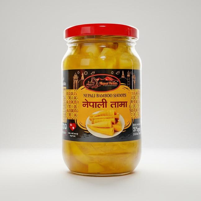 Jar of Nepali Bamboo Shoots with a red lid on a white background
