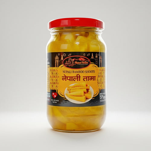 Jar of Nepali Bamboo Shoots with a red lid on a white background
