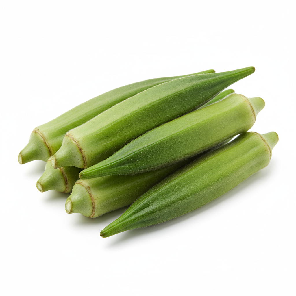 Green okra pods on a white background
