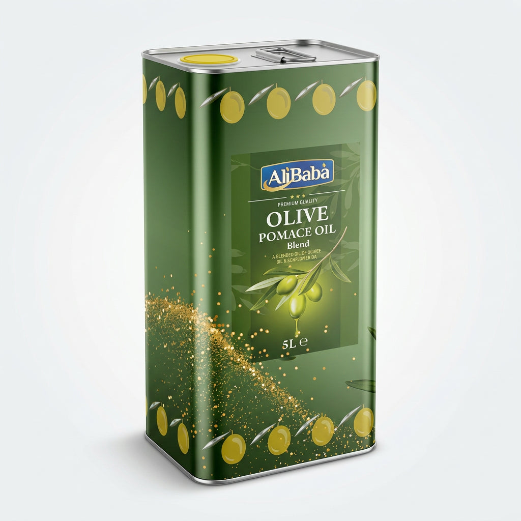 Alibaba brand olive pomace oil container on a white background