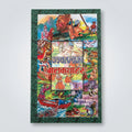 A rectangular printed book or booklet cover titled in Devanagari script, featuring a colorful illustrated collage of historical and cultural scenes with a dark patterned border, photographed against a plain light background.