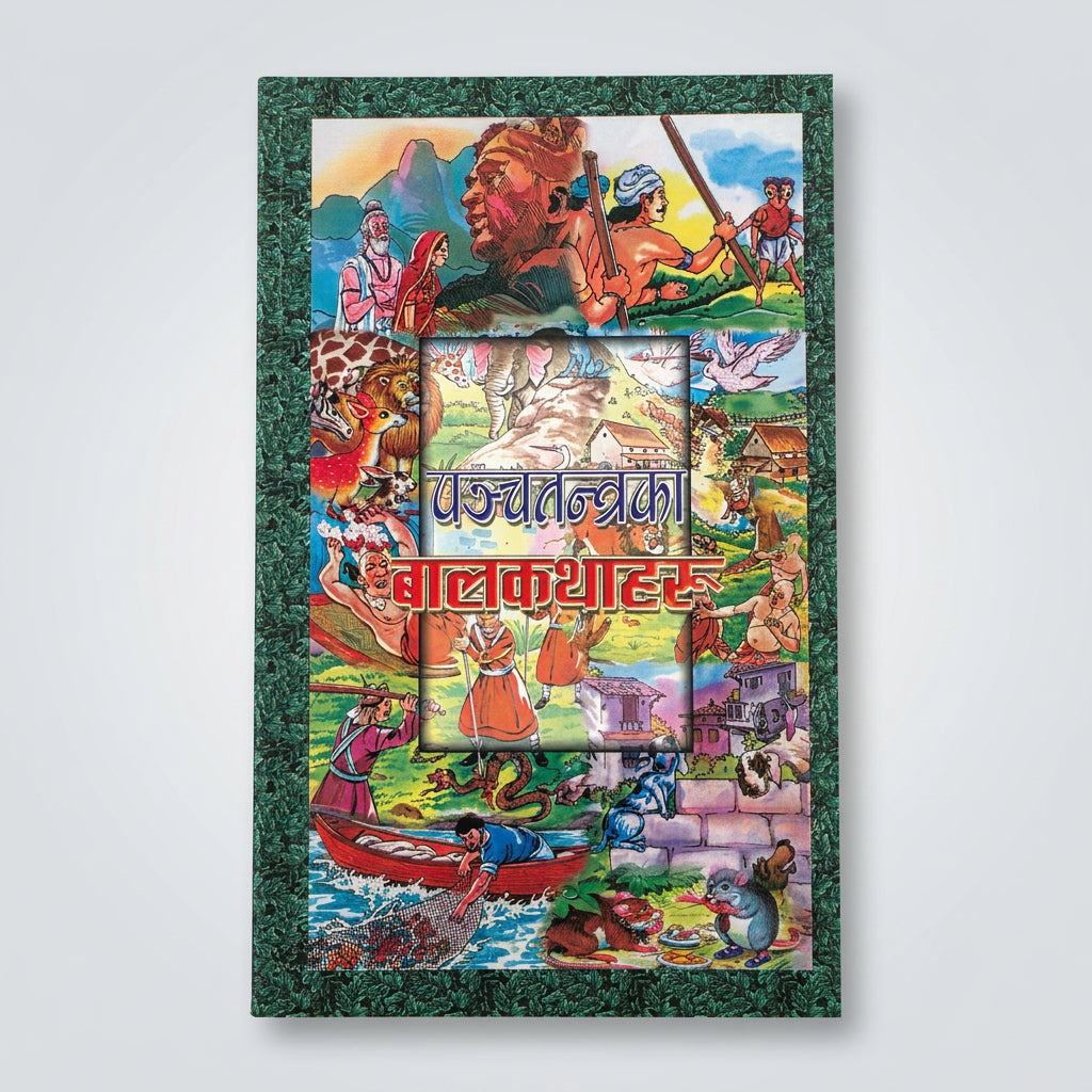 A rectangular printed book or booklet cover titled in Devanagari script, featuring a colorful illustrated collage of historical and cultural scenes with a dark patterned border, photographed against a plain light background.