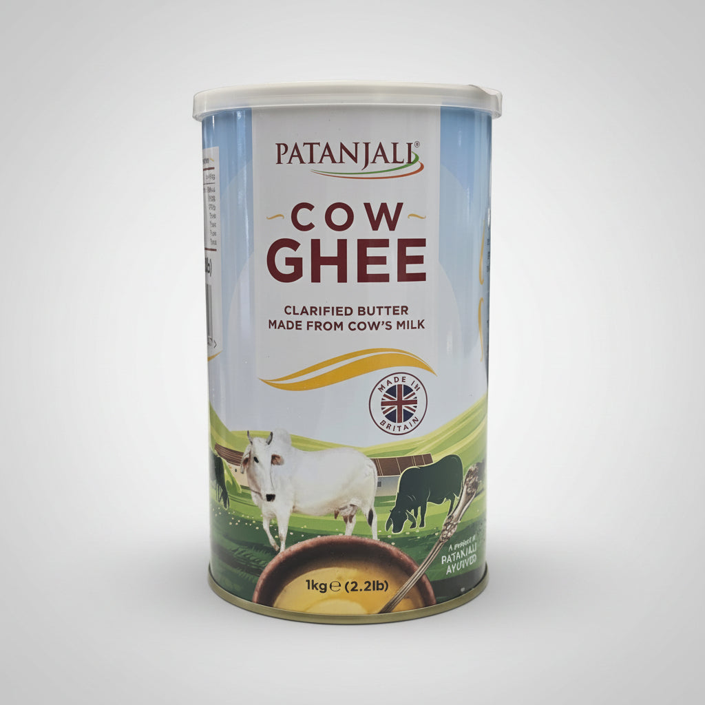 Can of Patanjali Cow Ghee on a shelf with a blurred background