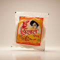 A packaged food product with branding and text, displaying an image of a woman and a rabbit, against a yellow background.