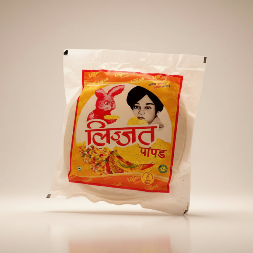 A packaged food product with branding and text, displaying an image of a woman and a rabbit, against a yellow background.
