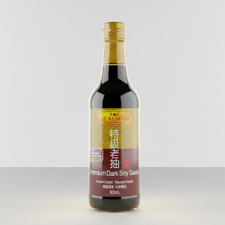 A bottle of Lao Gan Ma Premium Dark Soy Sauce, 500ml, with a white background.