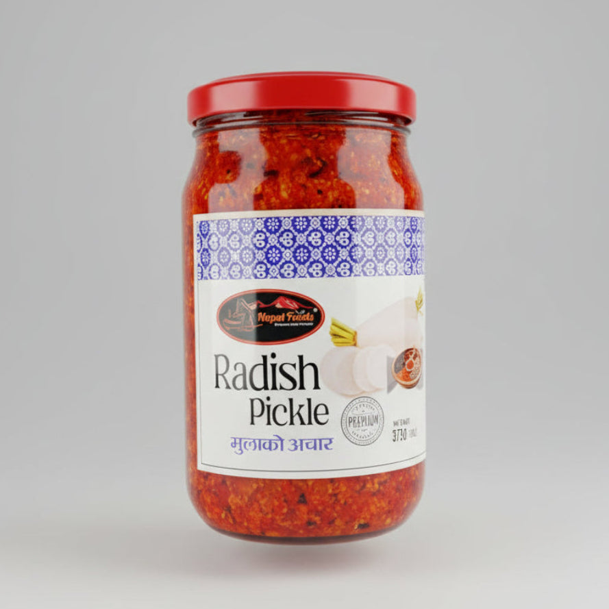 Jar of radish pickle with a red lid on a white background