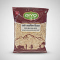 Package of red beaten rice with a brand logo on a blurred background