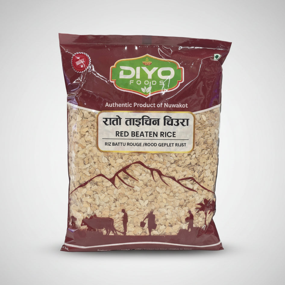Package of red beaten rice with a brand logo on a blurred background