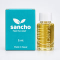 A 5 ml bottle of Sancho 'Feel the relief' nasal spray next to its teal packaging box on a wooden surface.