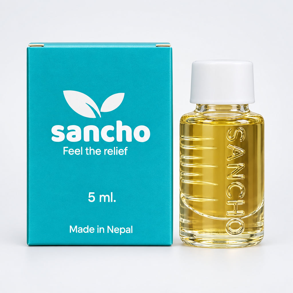 A 5 ml bottle of Sancho 'Feel the relief' nasal spray next to its teal packaging box on a wooden surface.