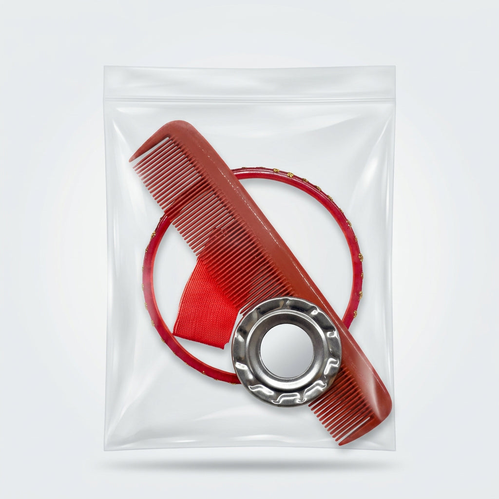 A red plastic comb and a red circular loop inside a clear plastic bag with a silver metal cap, photographed on a light gray surface.