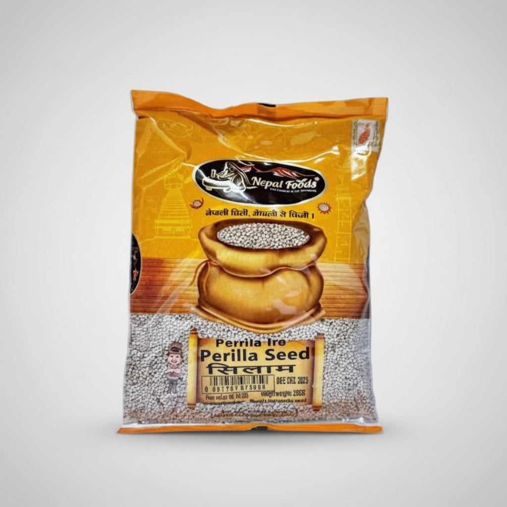 Packaged perilla seeds with a brand logo on a white background