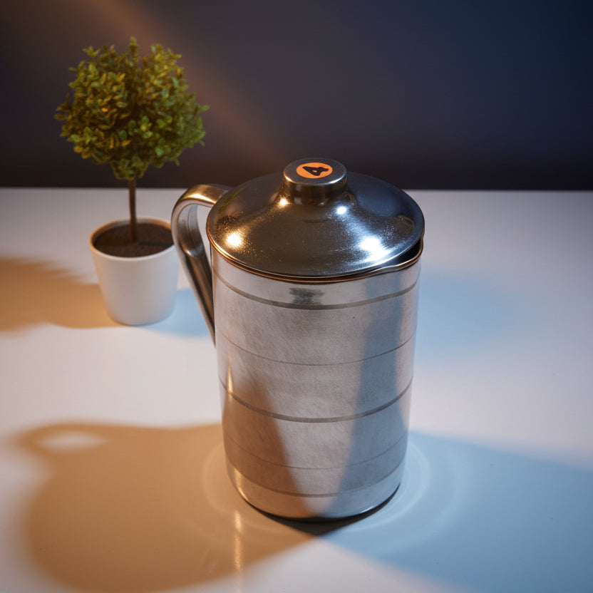 A silver steel jug with a copper inner lining, featuring a lid with a copper heart emblem, placed on a white surface next to a small potted plant.