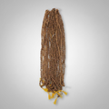 A bundle of long strands of small brown wooden beads, likely prayer beads or a decorative garland, with yellow tassels at the bottom, laid flat on a white surface.
