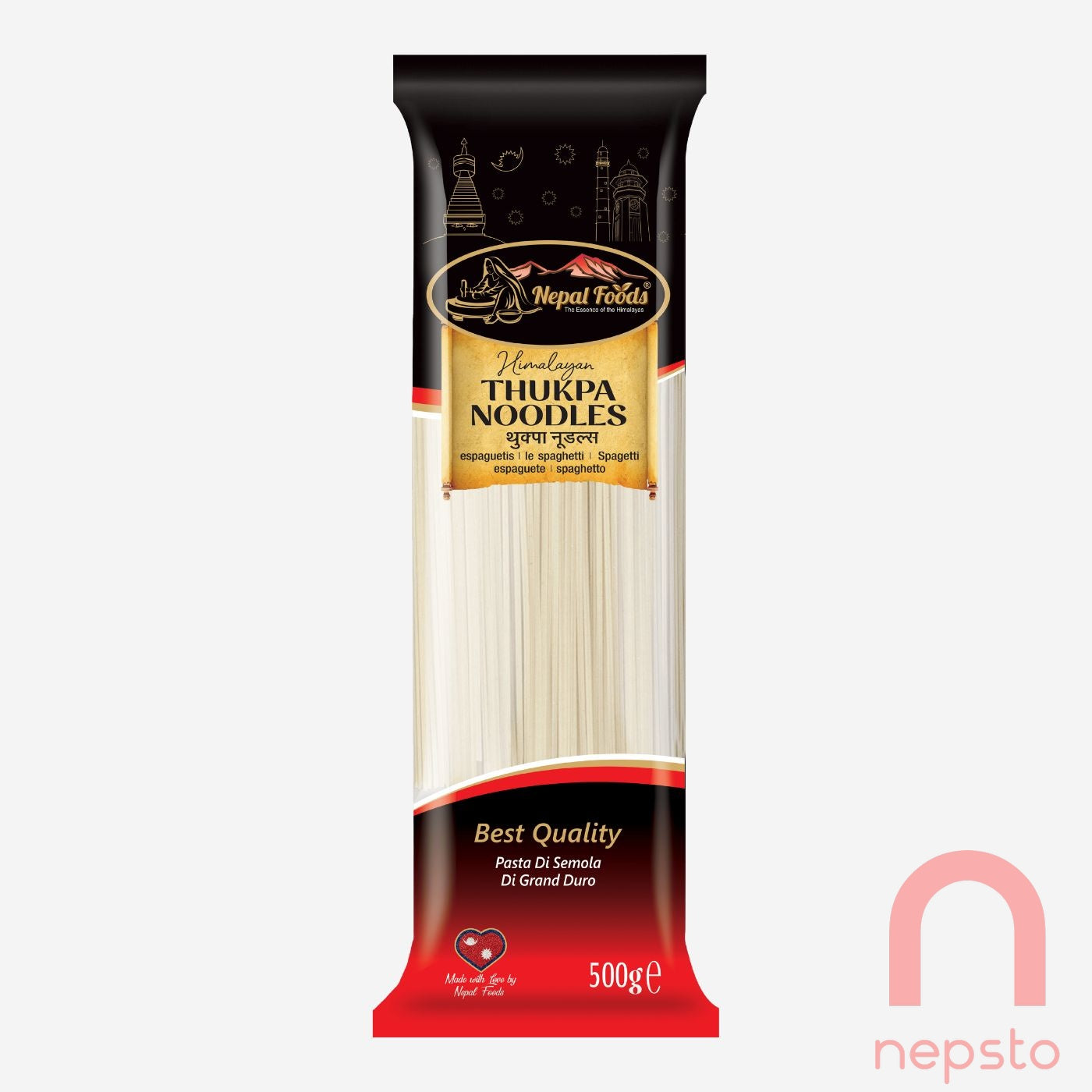 Packaged noodles with Nepasto branding on a white background