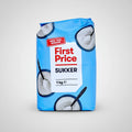 A packaged product labeled 'First Price Sukker' with a weight indication of 1 kg on a blue background with white sugar crystals depicted.
