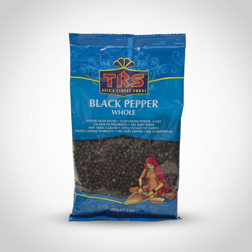 TRS black pepper packaging with blue background and visible text
