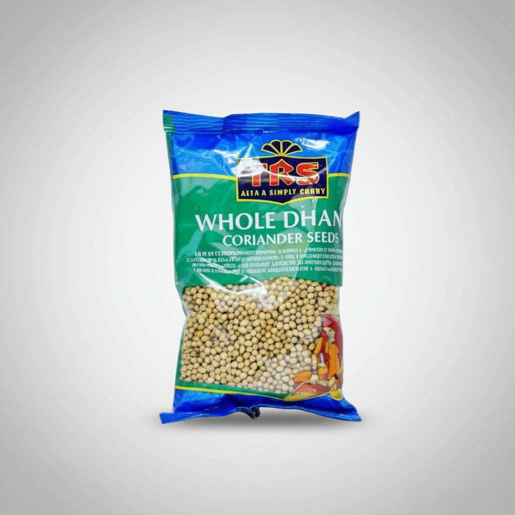 Packaged coriander seeds with a blue and green label on a gray background