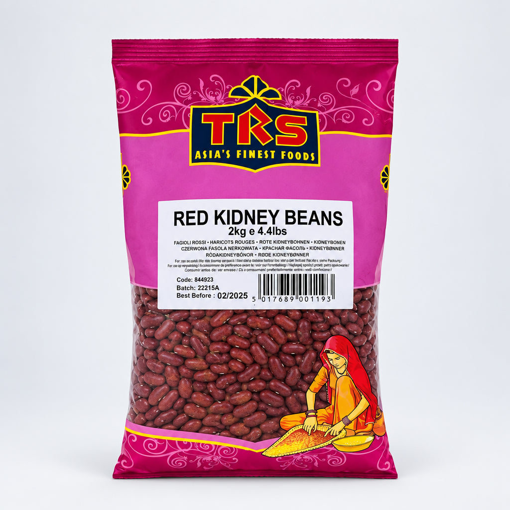 A package of TRS brand red kidney beans, 2kg, with product information and branding visible.