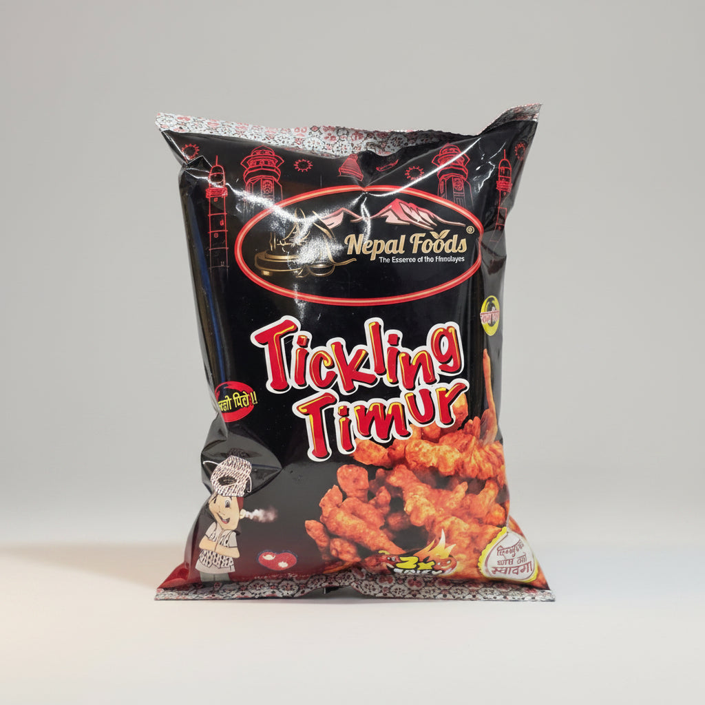 A bag of Nepal Foods Tickling Timur spicy snack chips, featuring a black packaging design with red and white text and an image of the orange-red crispy chips.