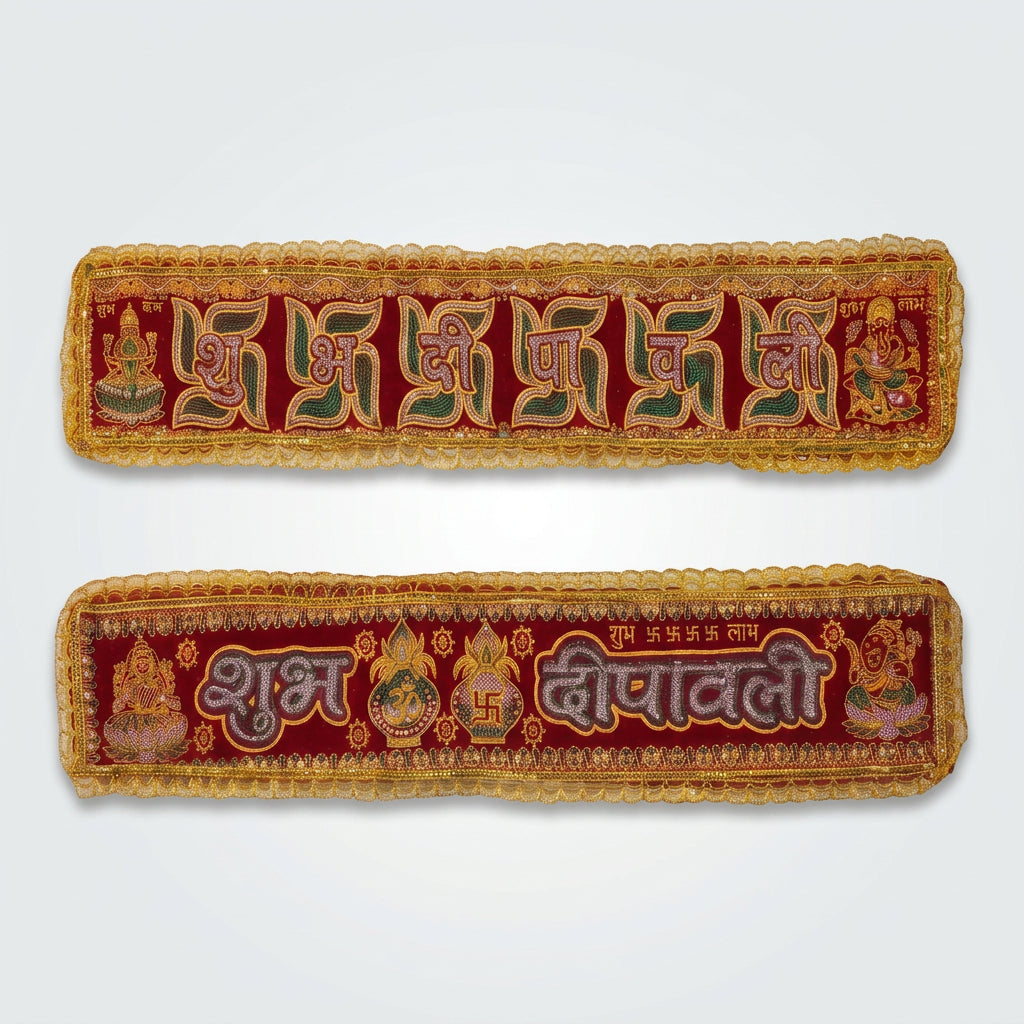 Three red and gold embroidered Diwali banners with Devanagari text and festive motifs, arranged on a decorated table with lit oil lamps, petals, and rangoli in the background.