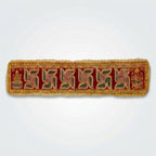 Two rectangular embroidered religious fabric strips with gold borders and Devanagari text, shown on a plain light gray background.