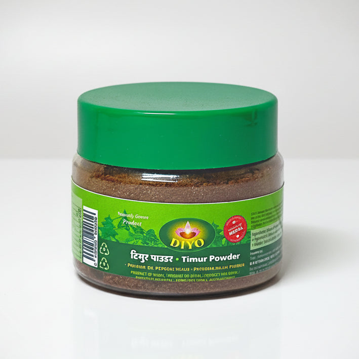 Jar of timur powder with green lid and label on a white background