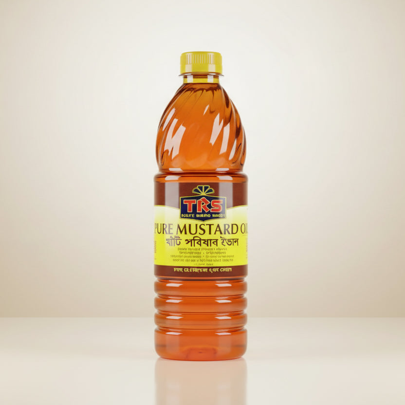 Bottle of TRS Pure Mustard Oil on a white background
