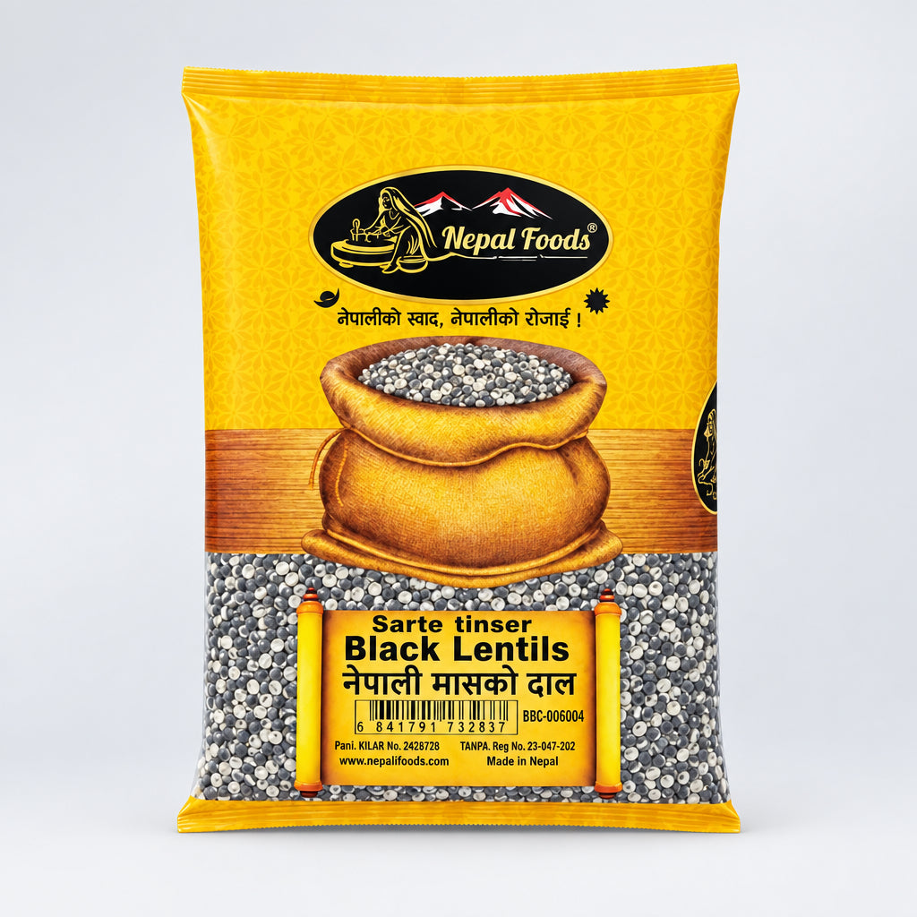 Packaged black lentils with 'Nepal Foods' branding on a white background