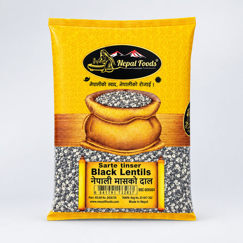 Packaged black lentils with 'Nepal Foods' branding on a white background