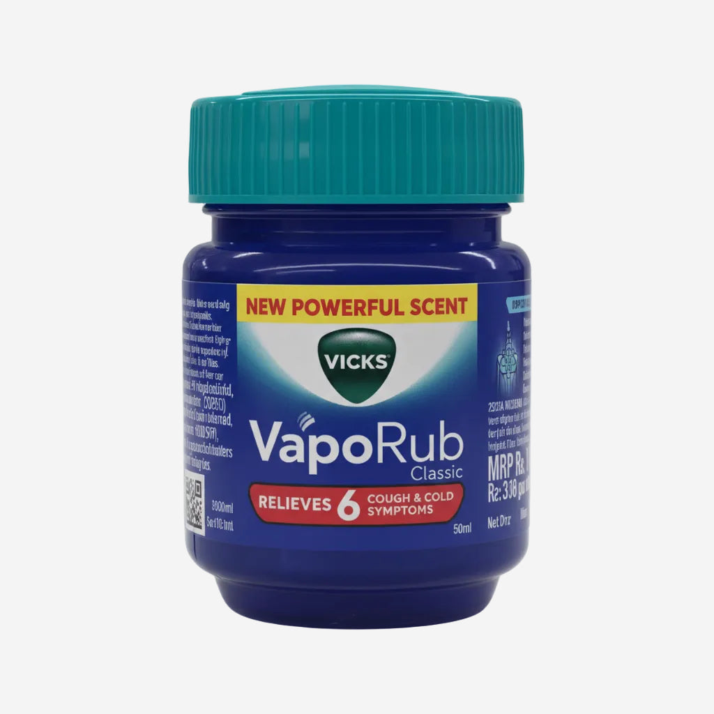 A 50ml jar of Vicks VapoRub Classic cough and cold relief balm with a teal cap and blue label, shown on a light gray background.