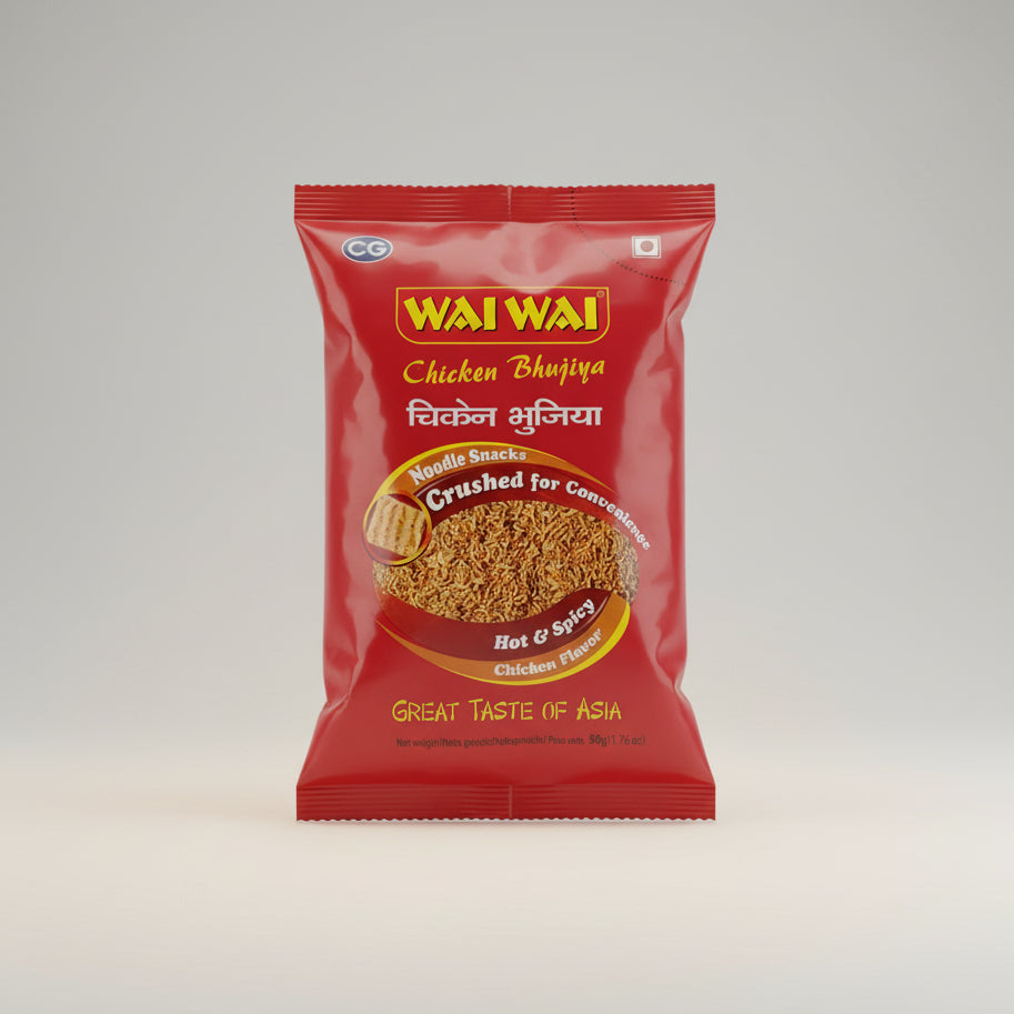 Red packet of Wai Wai noodles on a white background