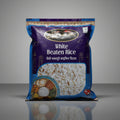 Bag of white beaten rice with a blue label on a gray background