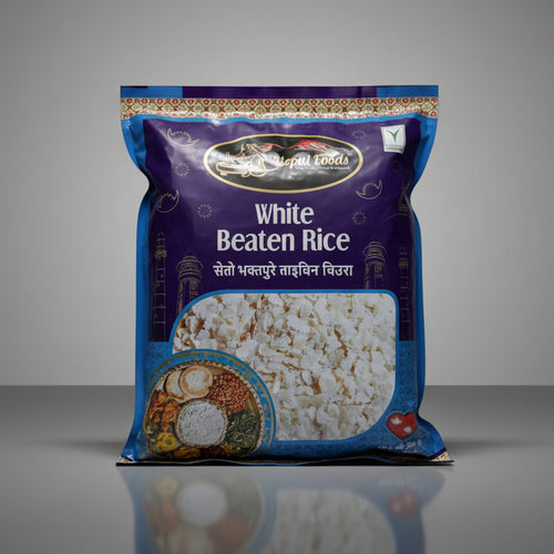 Bag of white beaten rice with a blue label on a gray background
