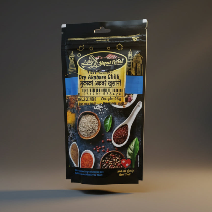 Dry Akabare chilli package with brand logo on a white background