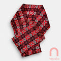 Red patterned scarf with brand logo on a white background