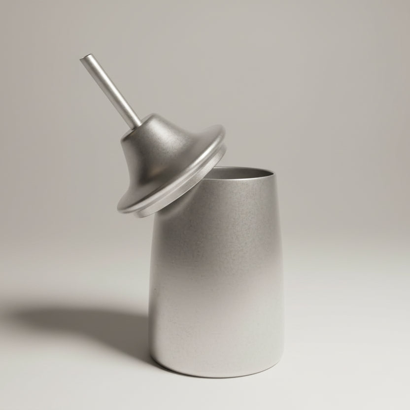 An aluminium cocktail shaker with a lid off to the side, placed on a white surface.