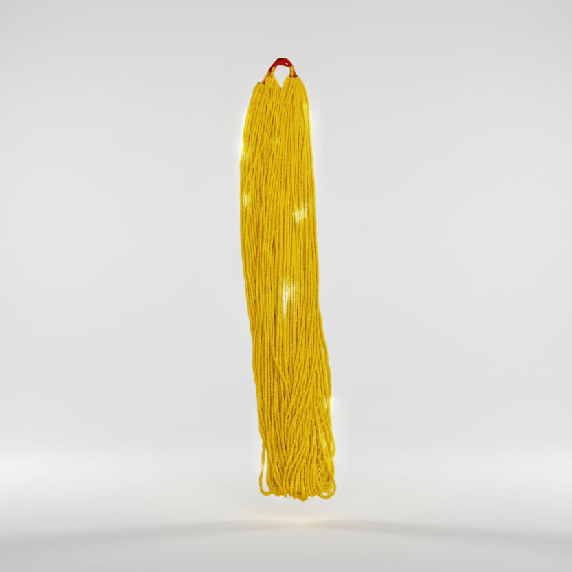 A yellow traditional Nepalese headwear known as Lung Pote (Jhupa Pote) displayed against a white background.
