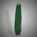 A green beaded necklace displayed against a white background, hanging vertically.