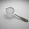 Metallic kitchen strainer on a gray background