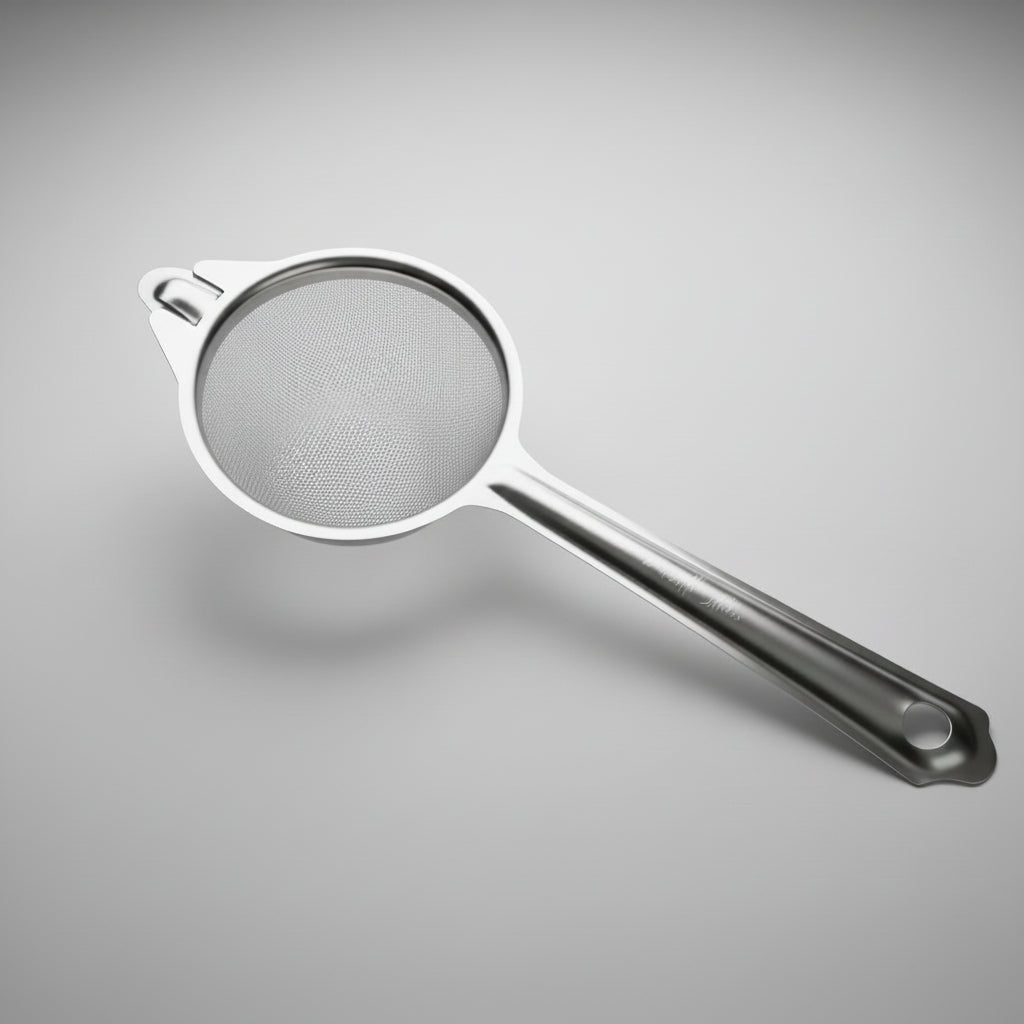 Metallic kitchen strainer on a gray background
