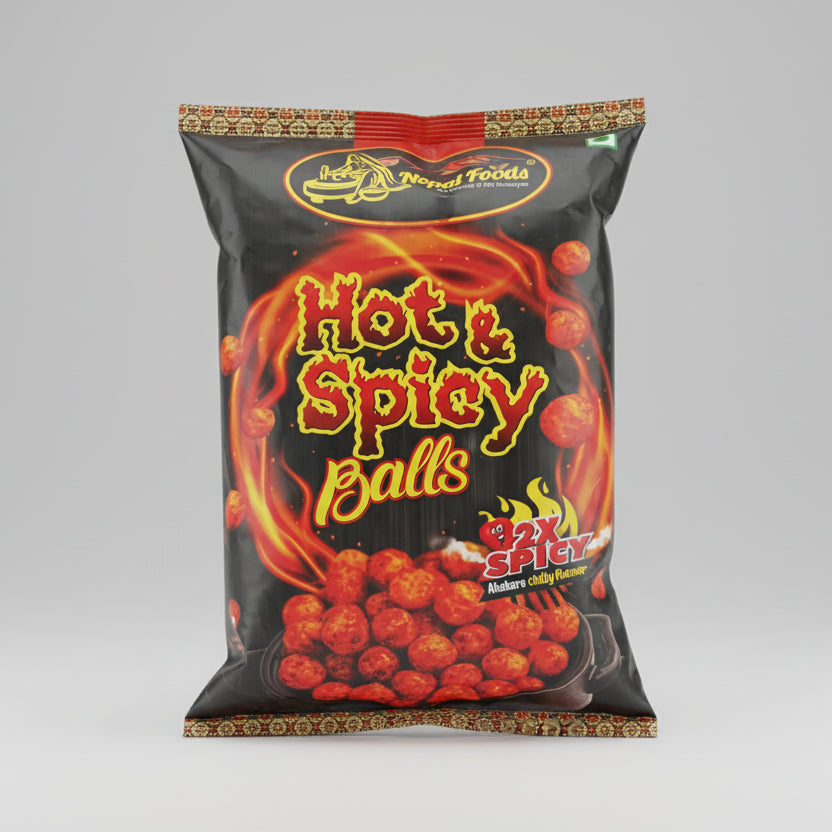 Bag of 'Hot Spicy Balls' from Nepal Foods on a white background
