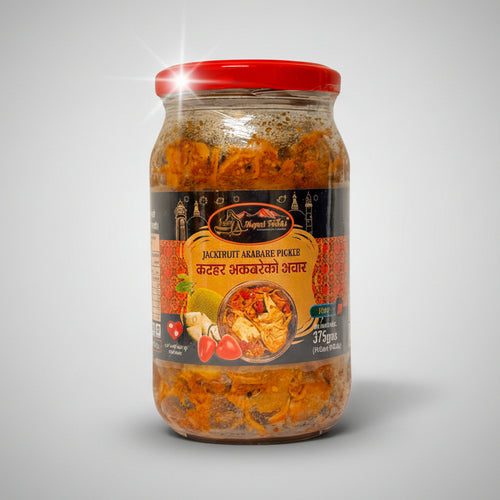 Jar of jackfruit pickle with a red lid on a white background